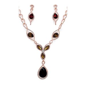 Rose gold Plated, European style  2 Pieces Jewelry Set with amethyst green and ruby crystal with rhinestones