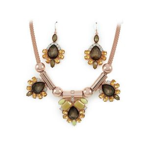 Rose Gold Plated With Green & Yellow Crystals Charm Shape Jewelry Set