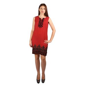 Articulately Embroidered Velvet Patchwork Brick Color Dress (Women)