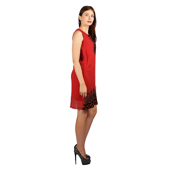 Articulately Embroidered Velvet Patchwork Brick Color Dress (Women) CLOTHING 4