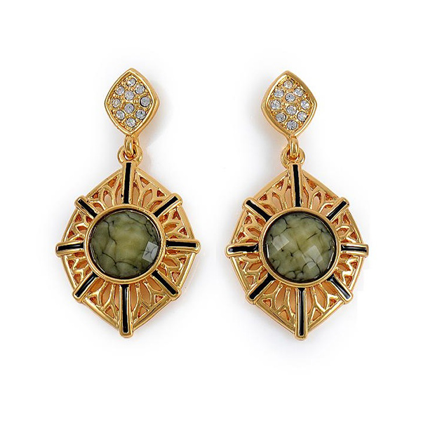 Green Resin Enameled Dangling Earrings with Rhinestones