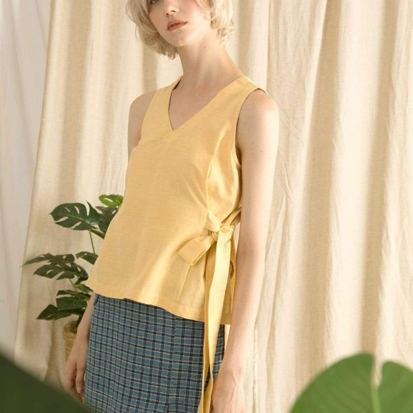 taktai tanktop s yellow tie knot v neck sleeveless blouse