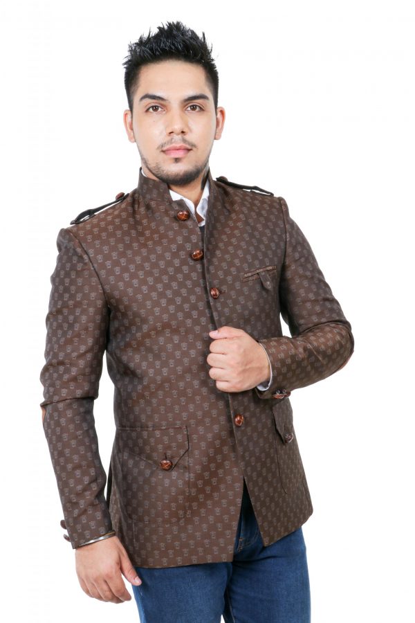 Men brown color cong sleeve stand collar single breasted plus size slim blazer jacket