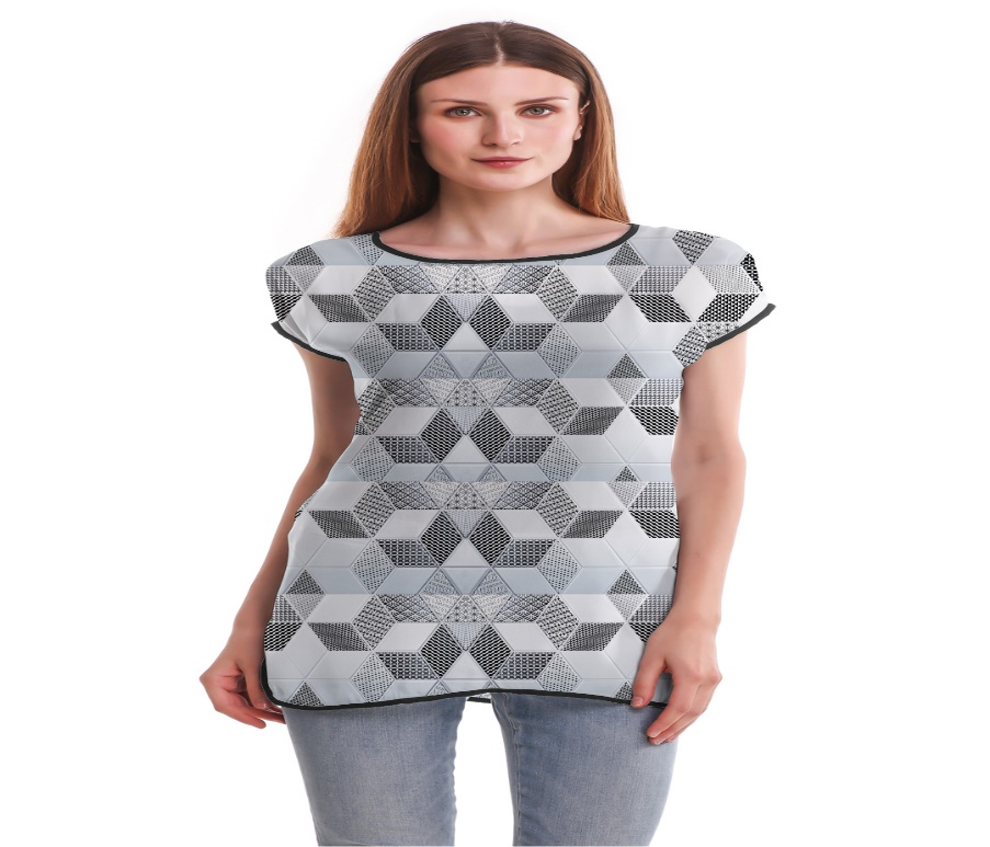 A woman wearing geo print design