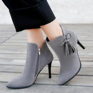 Gray stiletto heel ankle boots
